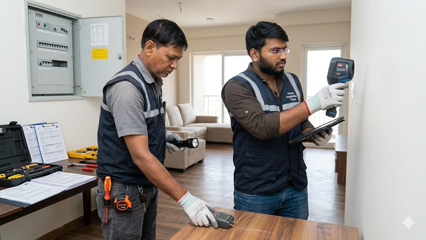 Professional home inspection team using thermal imaging equipment to inspect electrical systems