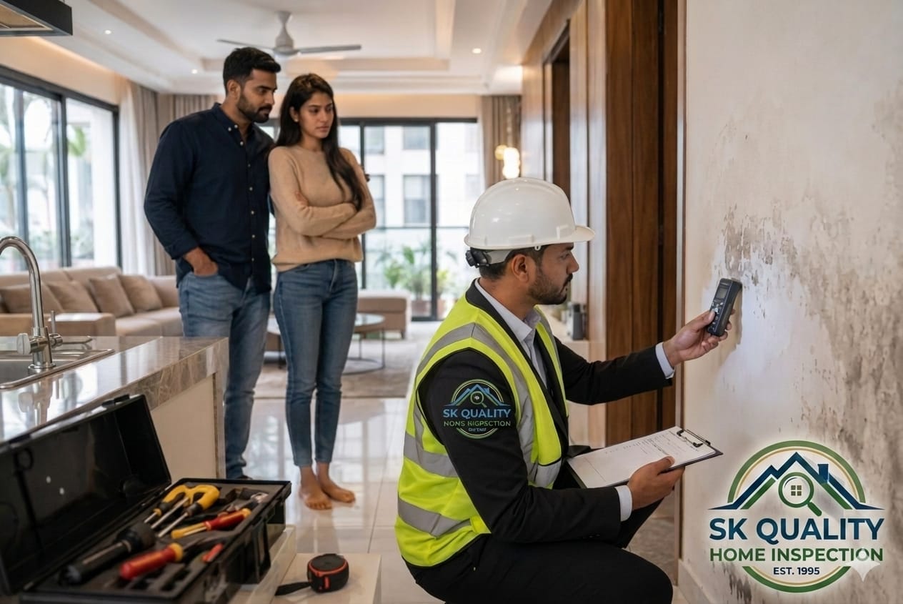 Professional home inspector examining electrical panel in modern apartment